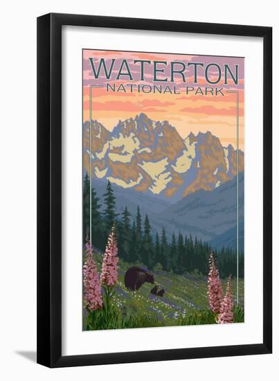 Waterton National Park, Canada - Bears and Spring Flowers-Lantern Press-Framed Art Print