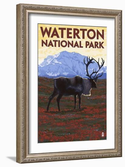 Waterton National Park, Canada - Caribou & Mountain-Lantern Press-Framed Art Print