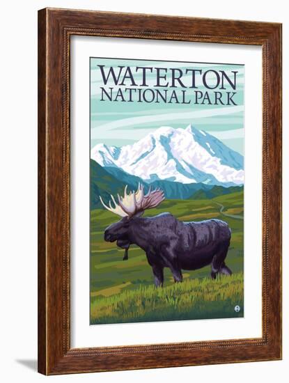 Waterton National Park, Canada - Moose and Mountain-Lantern Press-Framed Art Print