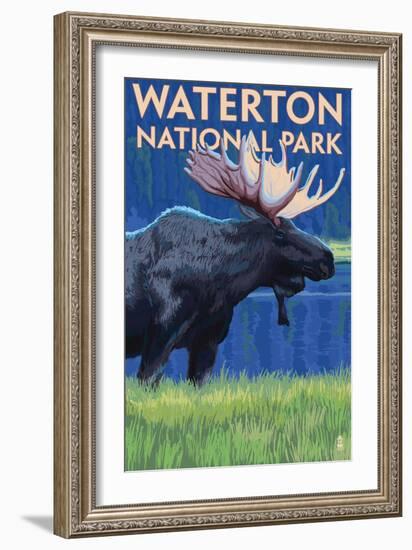 Waterton National Park, Canada - Moose at Night-Lantern Press-Framed Art Print