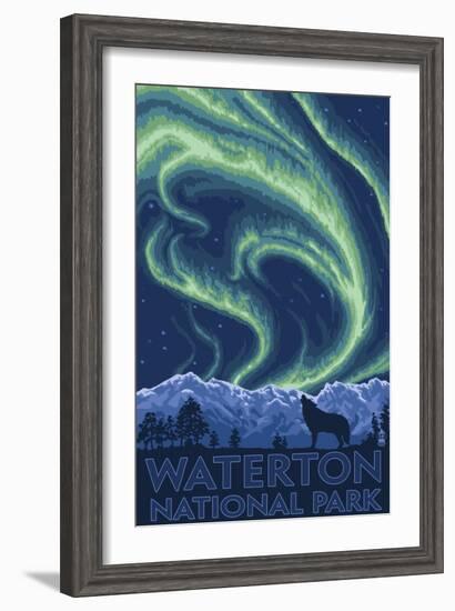 Waterton National Park, Canada - Northern Lights & Wolf-Lantern Press-Framed Art Print