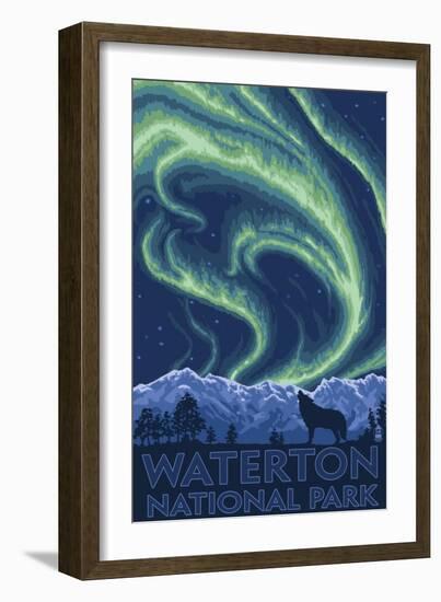 Waterton National Park, Canada - Northern Lights & Wolf-Lantern Press-Framed Art Print