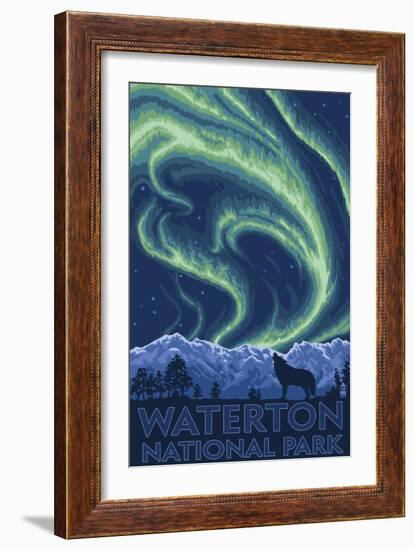 Waterton National Park, Canada - Northern Lights & Wolf-Lantern Press-Framed Art Print