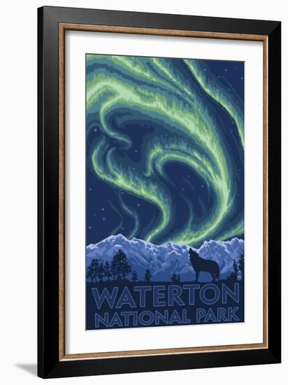 Waterton National Park, Canada - Northern Lights & Wolf-Lantern Press-Framed Art Print