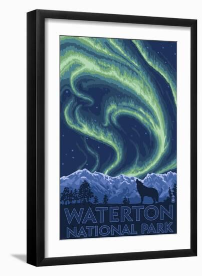 Waterton National Park, Canada - Northern Lights & Wolf-Lantern Press-Framed Art Print