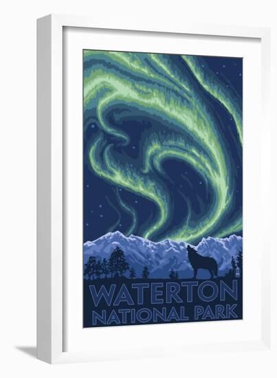 Waterton National Park, Canada - Northern Lights & Wolf-Lantern Press-Framed Art Print