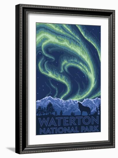 Waterton National Park, Canada - Northern Lights & Wolf-Lantern Press-Framed Art Print