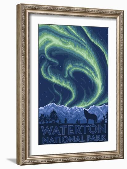 Waterton National Park, Canada - Northern Lights & Wolf-Lantern Press-Framed Premium Giclee Print