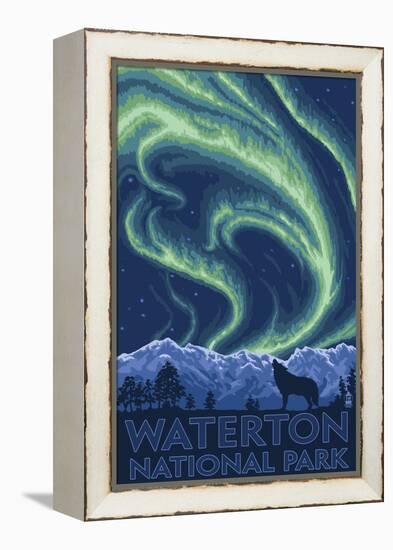 Waterton National Park, Canada - Northern Lights & Wolf-Lantern Press-Framed Stretched Canvas