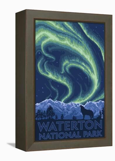 Waterton National Park, Canada - Northern Lights & Wolf-Lantern Press-Framed Stretched Canvas