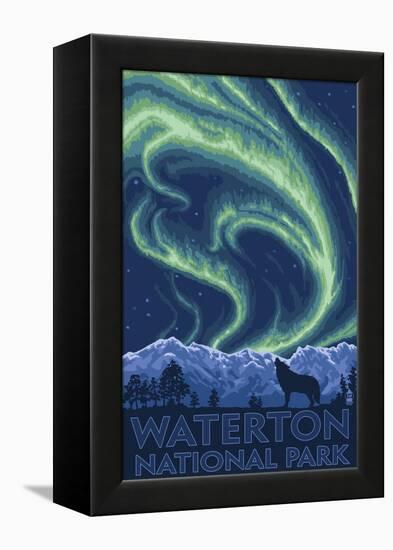 Waterton National Park, Canada - Northern Lights & Wolf-Lantern Press-Framed Stretched Canvas