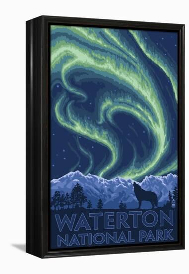 Waterton National Park, Canada - Northern Lights & Wolf-Lantern Press-Framed Stretched Canvas