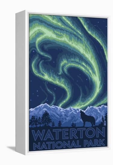 Waterton National Park, Canada - Northern Lights & Wolf-Lantern Press-Framed Stretched Canvas