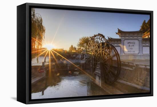 Waterwheels at dawn, Lijiang, UNESCO World Heritage Site, Yunnan, China, Asia-Ian Trower-Framed Premier Image Canvas