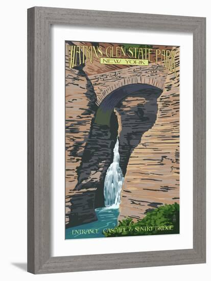 Watkins Glen State Park, New York - Entrance Cascade and Sentry Bridge-Lantern Press-Framed Art Print