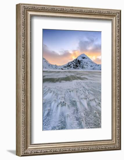 Wave Advances Towards the Shore of the Beach Surrounded by Snowy Peaks at Dawn-Roberto Moiola-Framed Photographic Print