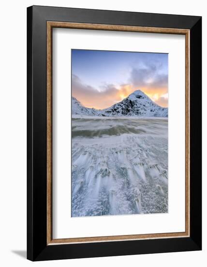 Wave Advances Towards the Shore of the Beach Surrounded by Snowy Peaks at Dawn-Roberto Moiola-Framed Photographic Print