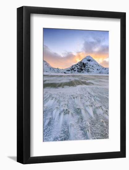 Wave Advances Towards the Shore of the Beach Surrounded by Snowy Peaks at Dawn-Roberto Moiola-Framed Photographic Print