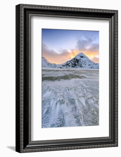 Wave Advances Towards the Shore of the Beach Surrounded by Snowy Peaks at Dawn-Roberto Moiola-Framed Photographic Print