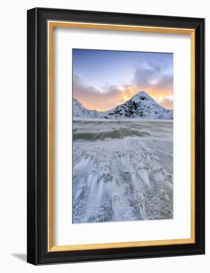 Wave Advances Towards the Shore of the Beach Surrounded by Snowy Peaks at Dawn-Roberto Moiola-Framed Photographic Print