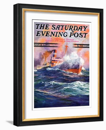 "Wave Breaks over Steamer," Saturday Evening Post Cover, March 21, 1936-Anton Otto Fischer-Framed Giclee Print
