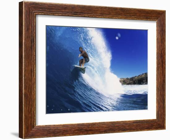 Wave Curling Up Over Surfer-null-Framed Photographic Print