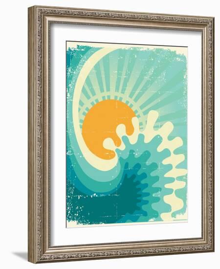 Wave In Ocean.Water Nature Background With Sun.Vintage-GeraKTV-Framed Art Print