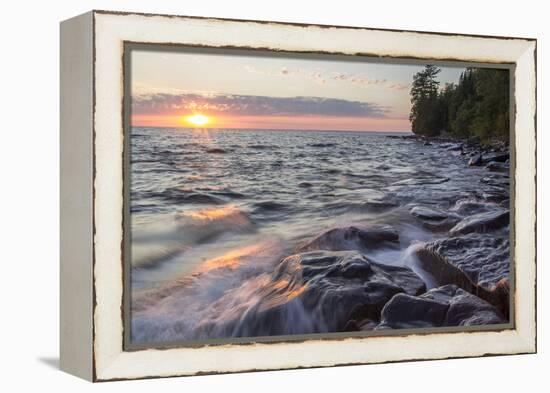 Waves at Sunset, Devils Island, Apostle Islands National Lakeshore, Wisconsin, USA-Chuck Haney-Framed Premier Image Canvas