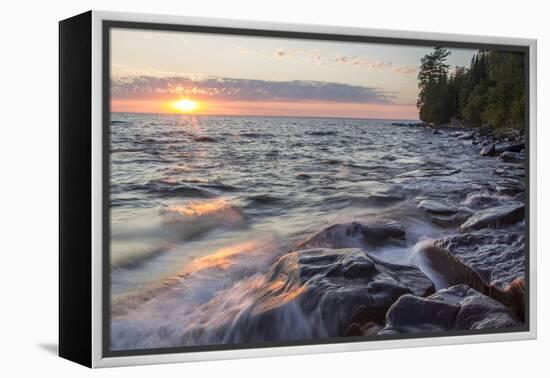 Waves at Sunset, Devils Island, Apostle Islands National Lakeshore, Wisconsin, USA-Chuck Haney-Framed Premier Image Canvas