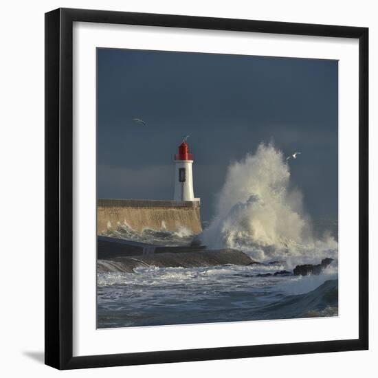 Waves breaking against port wall with lighthouse during storm-Loic Poidevin-Framed Photographic Print