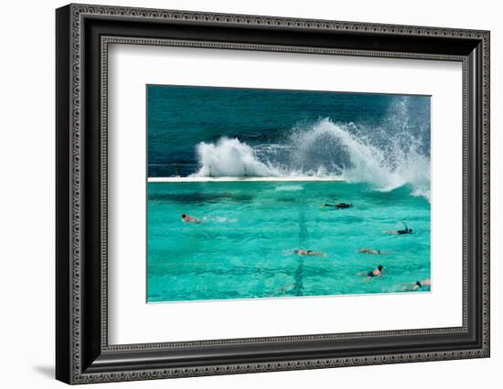 Waves Breaking over Edge of Pool of Bondi Icebergs Swim Club, Bondi Beach, Sydney-null-Framed Photographic Print