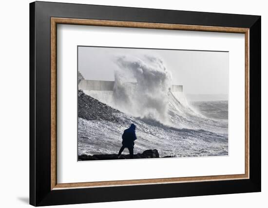 Waves Crash Against the Harbour Wall at Porthcawl, Bridgend, Wales, United Kingdom-Graham Lawrence-Framed Photographic Print