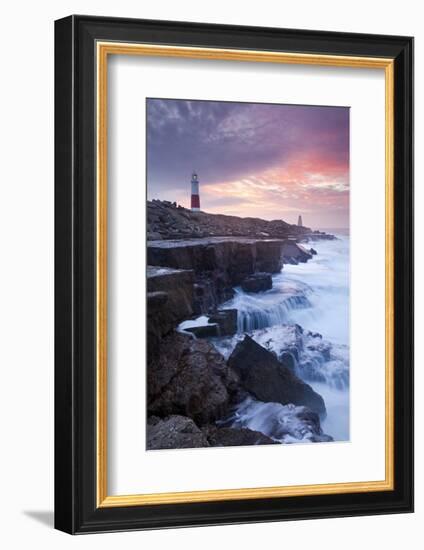 Waves Crash Against the Limestone Ledges Near the Lighthouse at Portland Bill, Dorset, England-Adam Burton-Framed Photographic Print