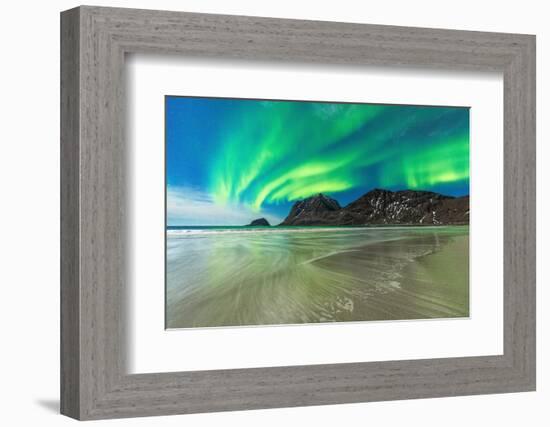 Waves crashing on frozen Haukland Beach under the Northern Lights (Aurora Borealis), Leknes-Roberto Moiola-Framed Photographic Print