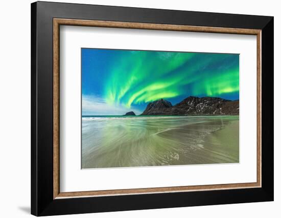 Waves crashing on frozen Haukland Beach under the Northern Lights (Aurora Borealis), Leknes-Roberto Moiola-Framed Photographic Print