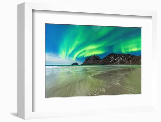 Waves crashing on frozen Haukland Beach under the Northern Lights (Aurora Borealis), Leknes-Roberto Moiola-Framed Photographic Print