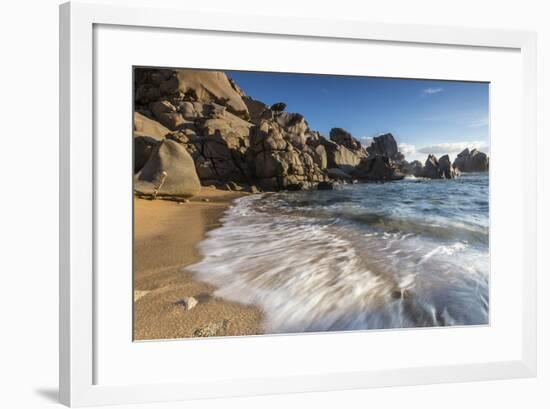 Waves crashing on the sandy beach framed by cliffs, Capo Testa, Santa Teresa di Gallura, Italy-Roberto Moiola-Framed Photographic Print