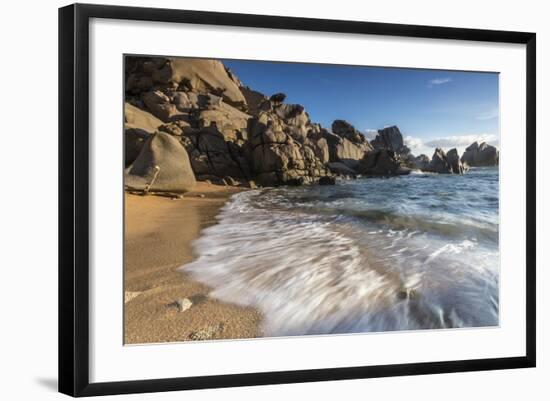 Waves crashing on the sandy beach framed by cliffs, Capo Testa, Santa Teresa di Gallura, Italy-Roberto Moiola-Framed Photographic Print