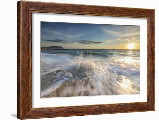 Waves crashing on the sandy beach framed by sunrise, Porto Recanati, Conero Riviera, Marche, Italy-Roberto Moiola-Framed Photographic Print