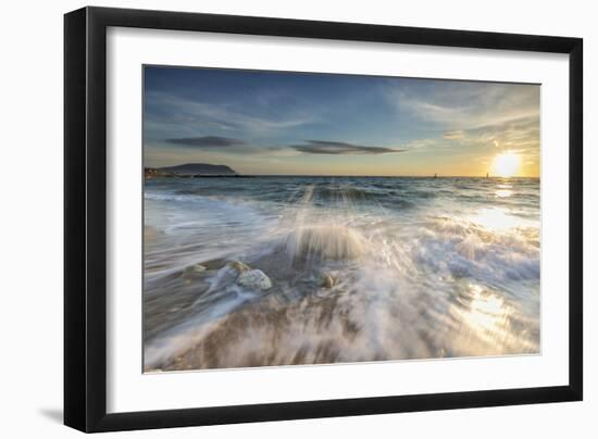 Waves crashing on the sandy beach framed by sunrise, Porto Recanati, Conero Riviera, Marche, Italy-Roberto Moiola-Framed Photographic Print