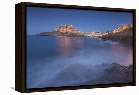 Waves frame the village perched on promontory at dusk, Castelsardo, Gulf of Asinara, Italy-Roberto Moiola-Framed Premier Image Canvas