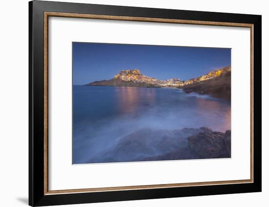 Waves frame the village perched on promontory at dusk, Castelsardo, Gulf of Asinara, Italy-Roberto Moiola-Framed Photographic Print