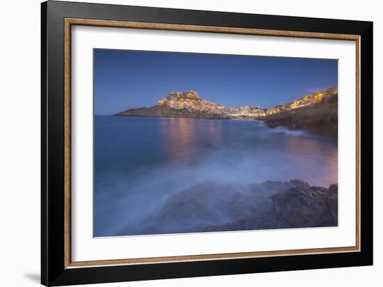 Waves frame the village perched on promontory at dusk, Castelsardo, Gulf of Asinara, Italy-Roberto Moiola-Framed Photographic Print