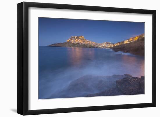 Waves frame the village perched on promontory at dusk, Castelsardo, Gulf of Asinara, Italy-Roberto Moiola-Framed Photographic Print