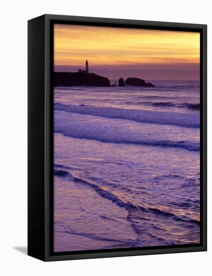 Waves near Yaquina Head Lighthouse at Sunset, Newport, Oregon Coast, USA-Janis Miglavs-Framed Premier Image Canvas