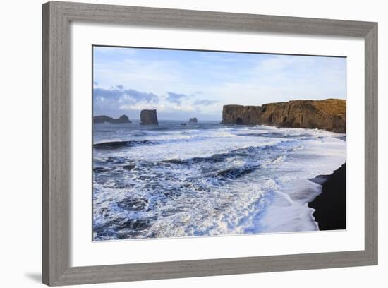 Waves Washing Over Black Beach At The Vik Coastline Looking Toward Dyrholaey. Vik. Iceland-Oscar Dominguez-Framed Photographic Print