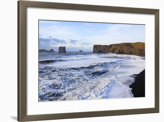 Waves Washing Over Black Beach At The Vik Coastline Looking Toward Dyrholaey. Vik. Iceland-Oscar Dominguez-Framed Photographic Print