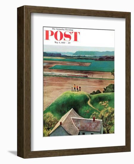 "Waving to Train in the Distance" Saturday Evening Post Cover, May 4, 1957-John Falter-Framed Giclee Print