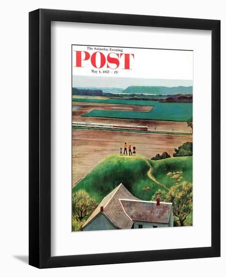 "Waving to Train in the Distance" Saturday Evening Post Cover, May 4, 1957-John Falter-Framed Giclee Print