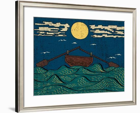 Wavy Sea Water Landscape Depicting Boat with Paddles or Oars down Sky Birds Clouds Moon Etching Ill-Drug Naroda-Framed Art Print